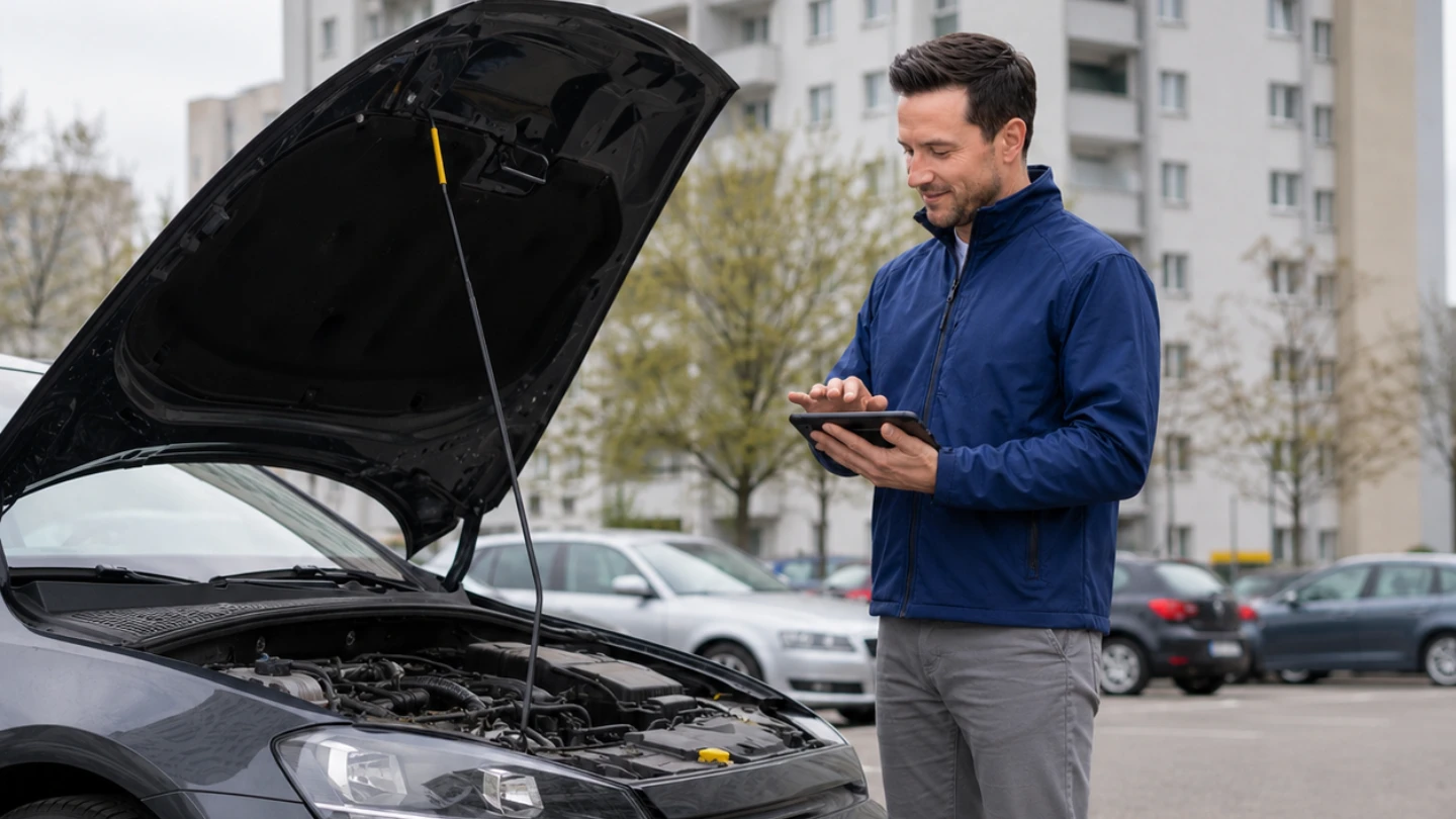 Autohändler prüft Fahrzeugmotor in Varel Wohngebiet